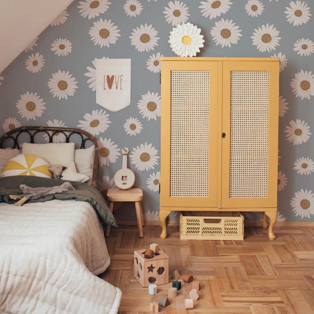 Dekornik Tuscan Daisies Blue Wallpaper on bedroom wall