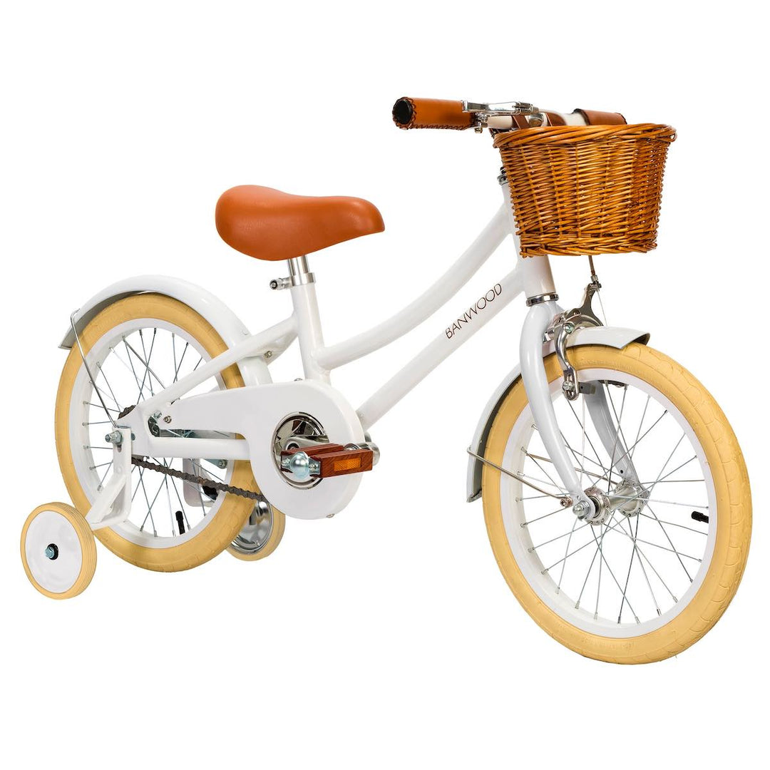 White Banwood Classic Bicycle with wicker basket and training wheels