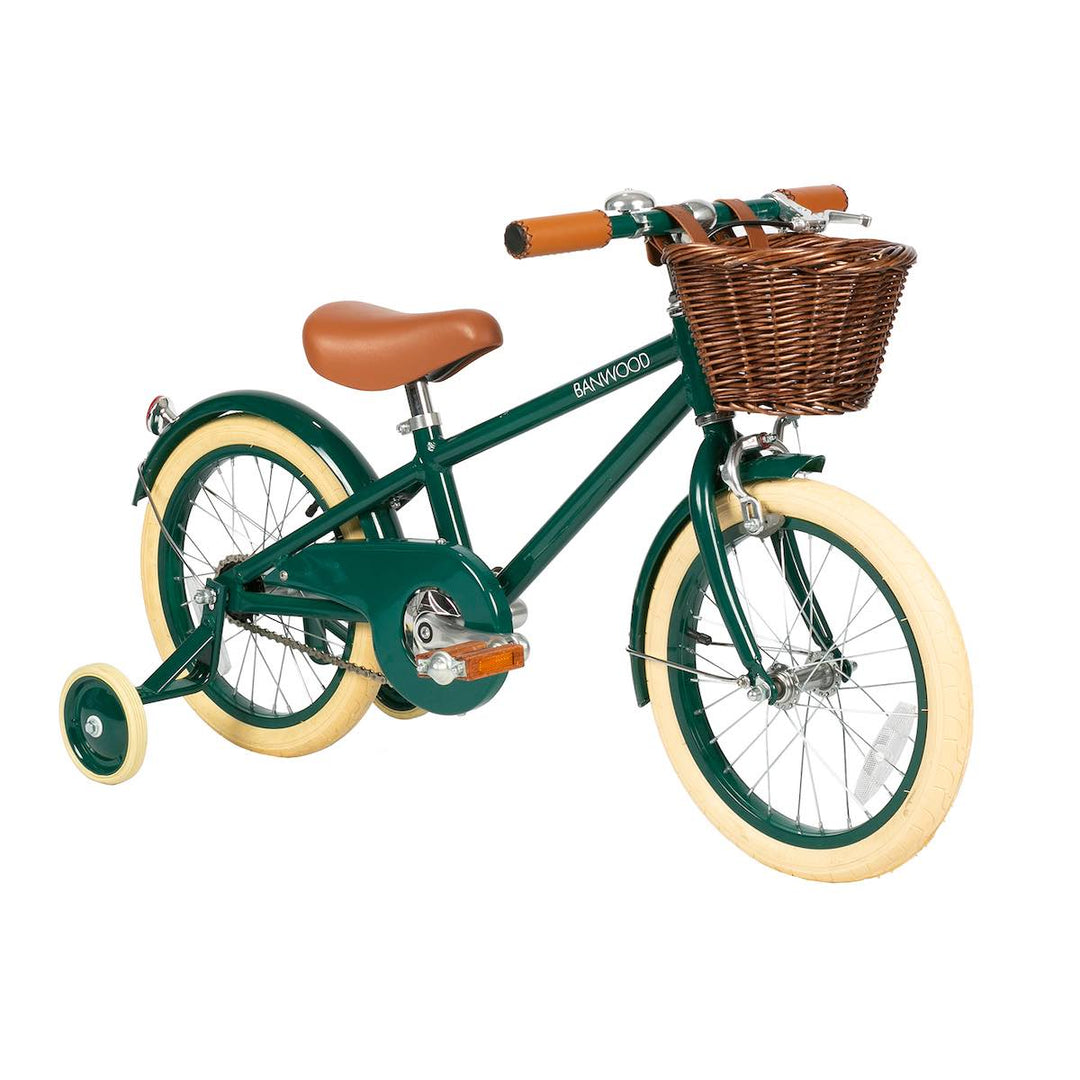 Banwood Classic Bicycle in Green with wicker basket and training wheels
