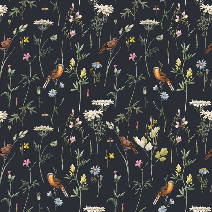 Dekornik Meadow With Birds Black Wallpaper