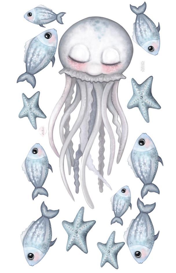 Isla Dream Prints Sea Creatures Fabric Wall Decals Large Jellyfish with fish and starfish