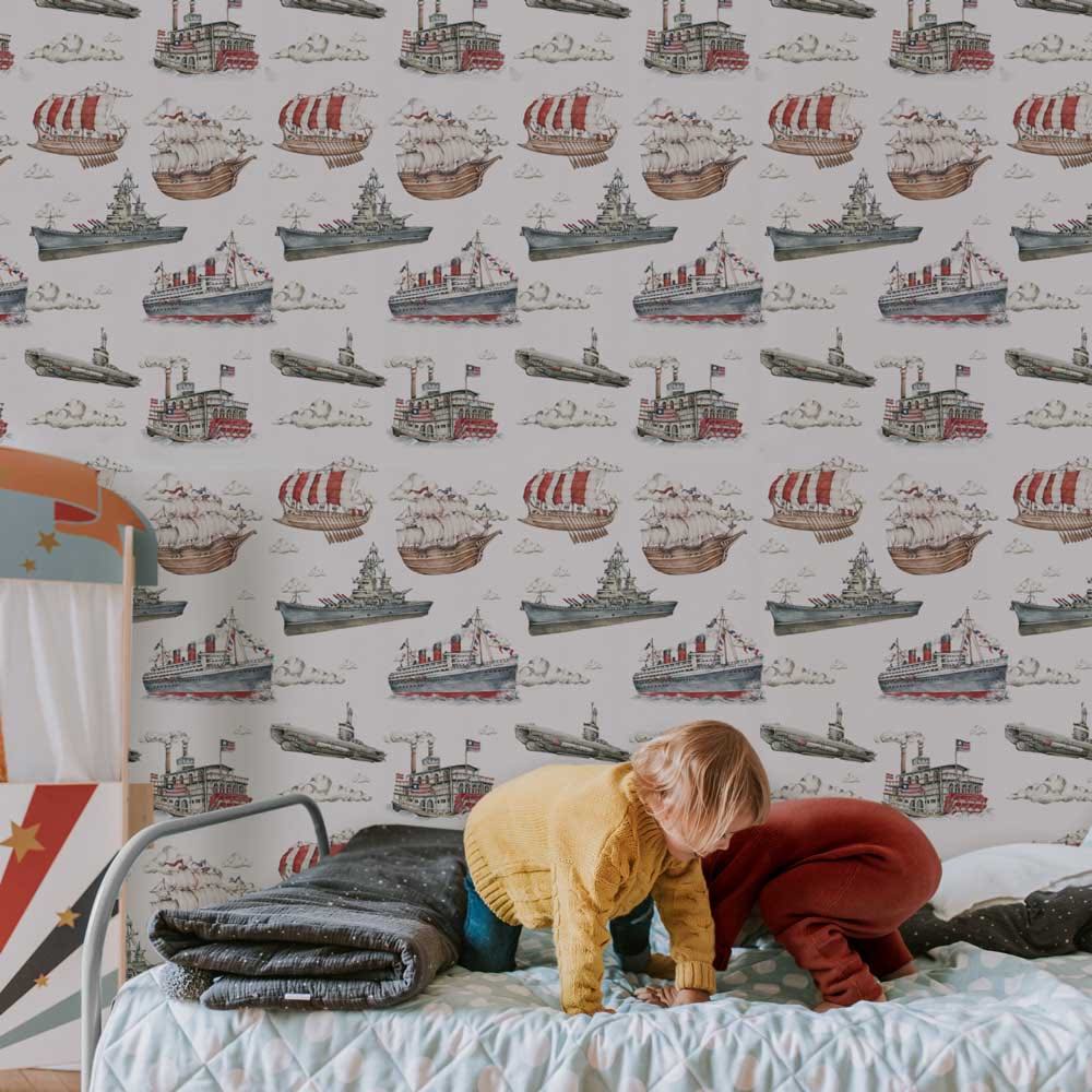 Dekornik Ships Colour Wallpaper on bedroom wall