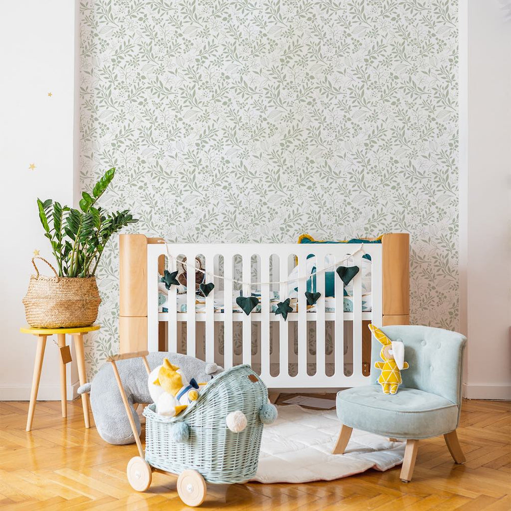 Dekornik SIMPLE Subtle Flowers Green Wallpaper on nursery wall