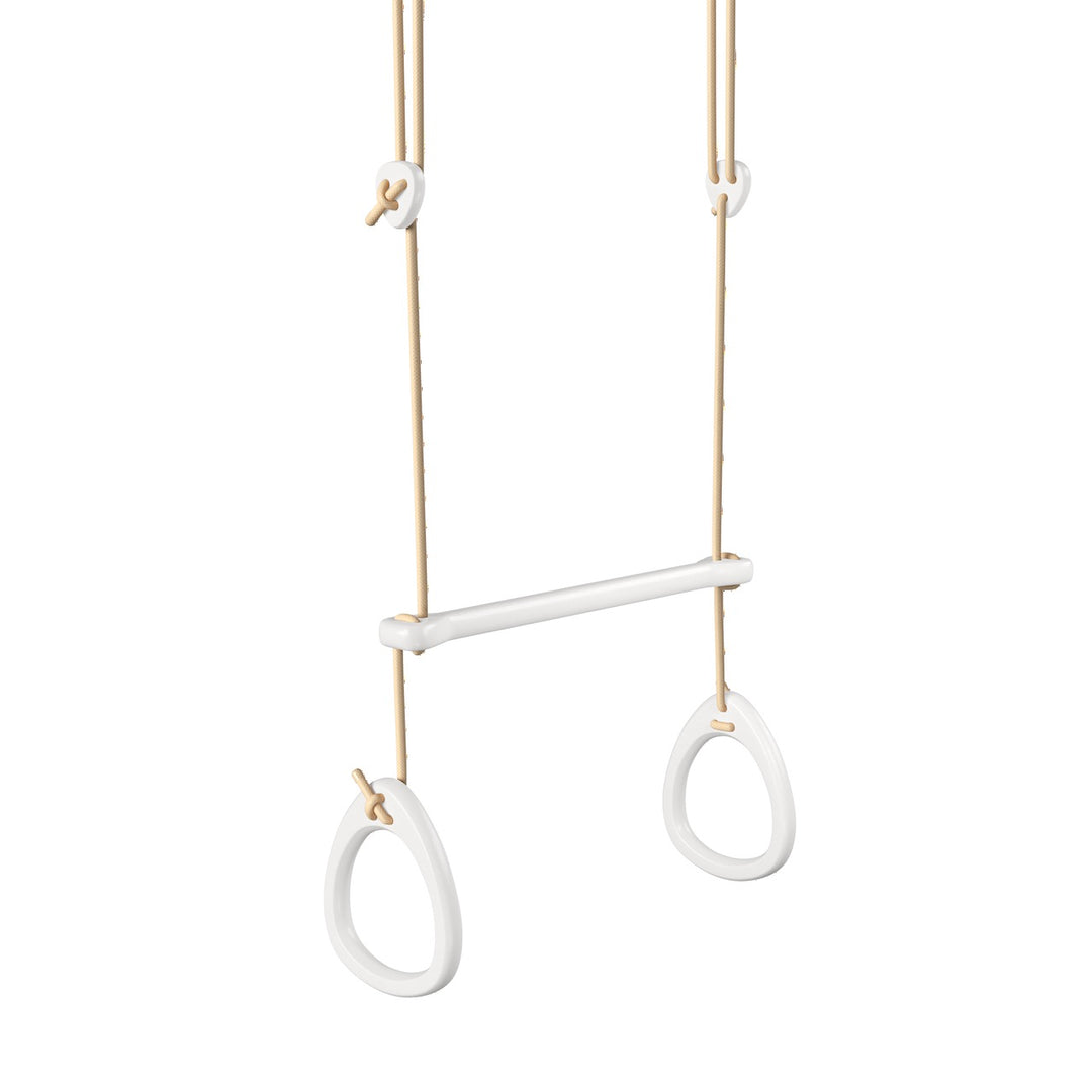 White birch gymnastic rings and acrobat bar with beige ropes on a white background