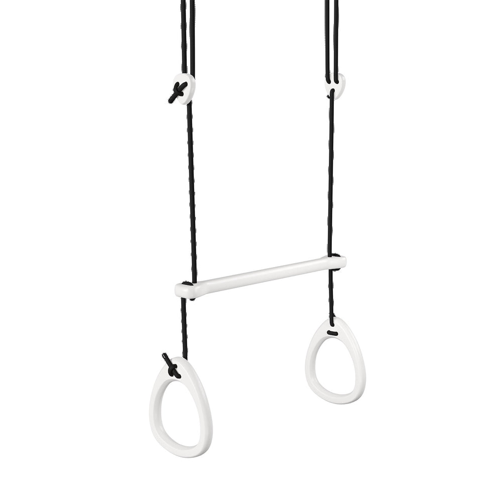 White birch gymnastic rings and acrobat bar with black ropes on a white background