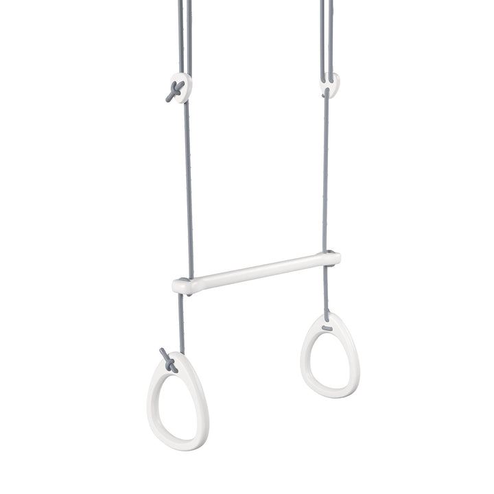 White birch gymnastic rings and acrobat bar hanging on grey ropes and a white background