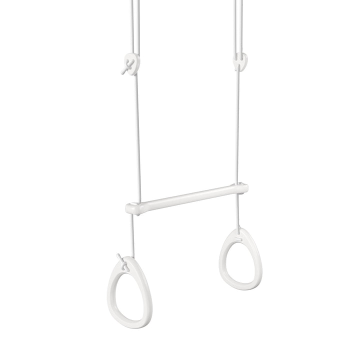 White birch gymnastic rings and acrobat bar with white ropes on a white background