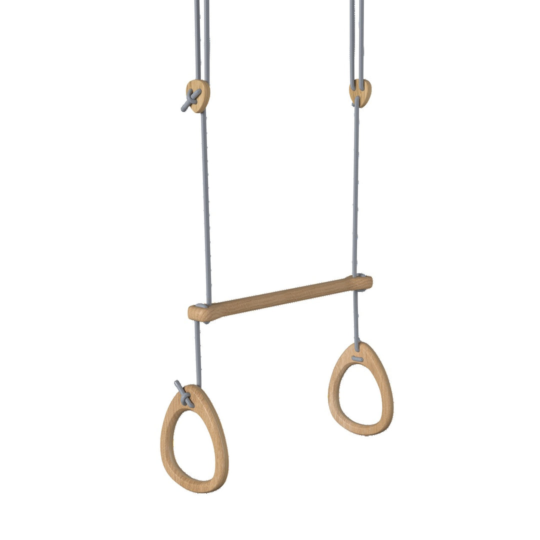 Gymnastic rings with a bar and grey ropes on a white background