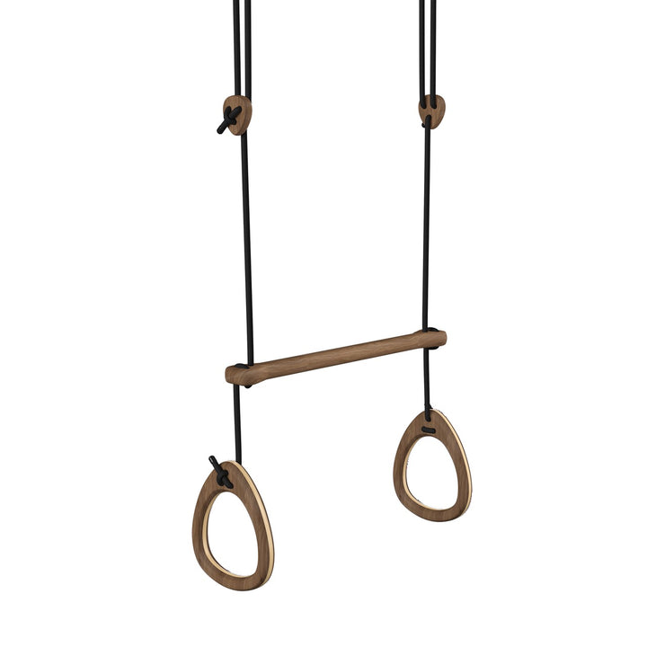 Pair of wooden gymnastic rings with a bar on a white background