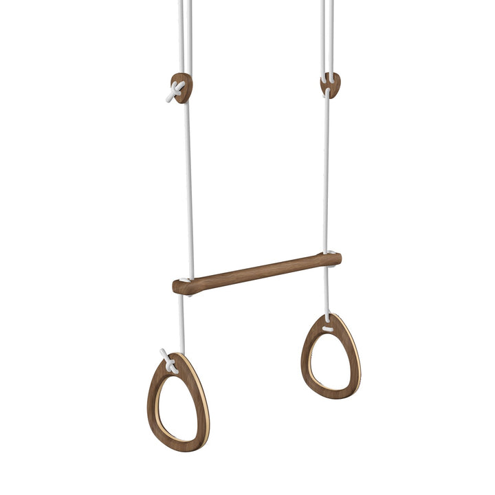 Wooden gymnastic rings with a bar on white background