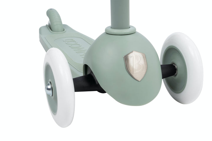 Close-up of a children's scooter with a light green deck and white wheels on a white background.