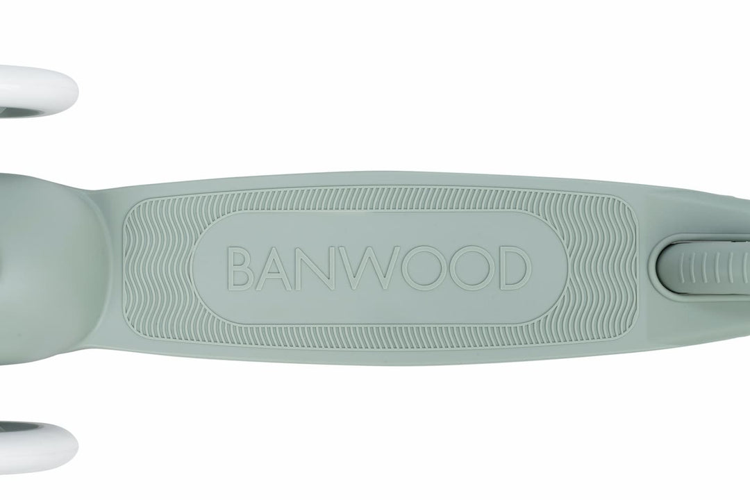 Close-up of a scooter deck with 'BANWOOD' branding on a white background