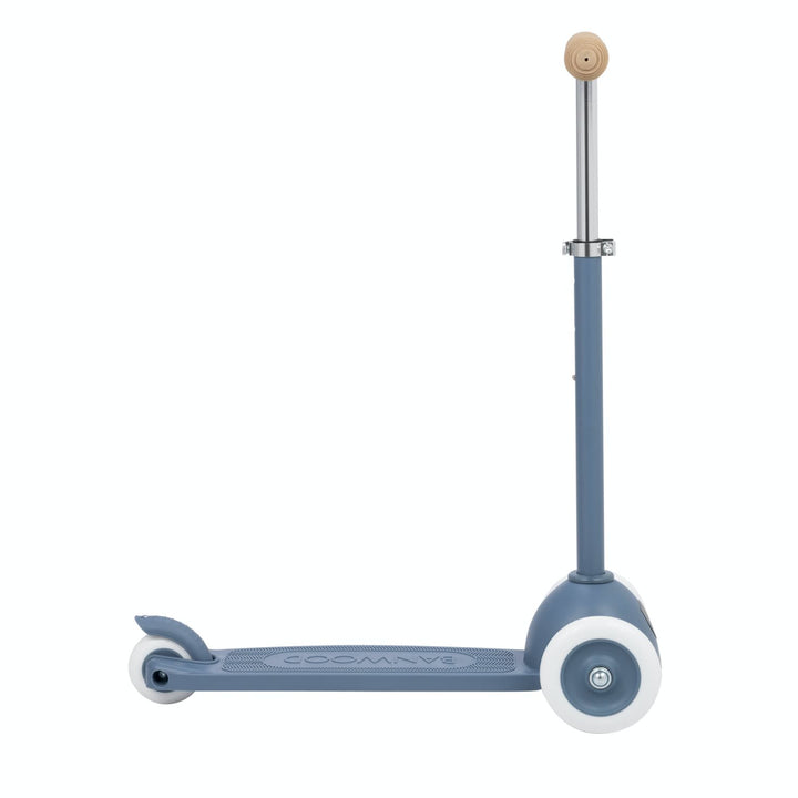 Children's scooter with a blue frame and white wheels on a white background