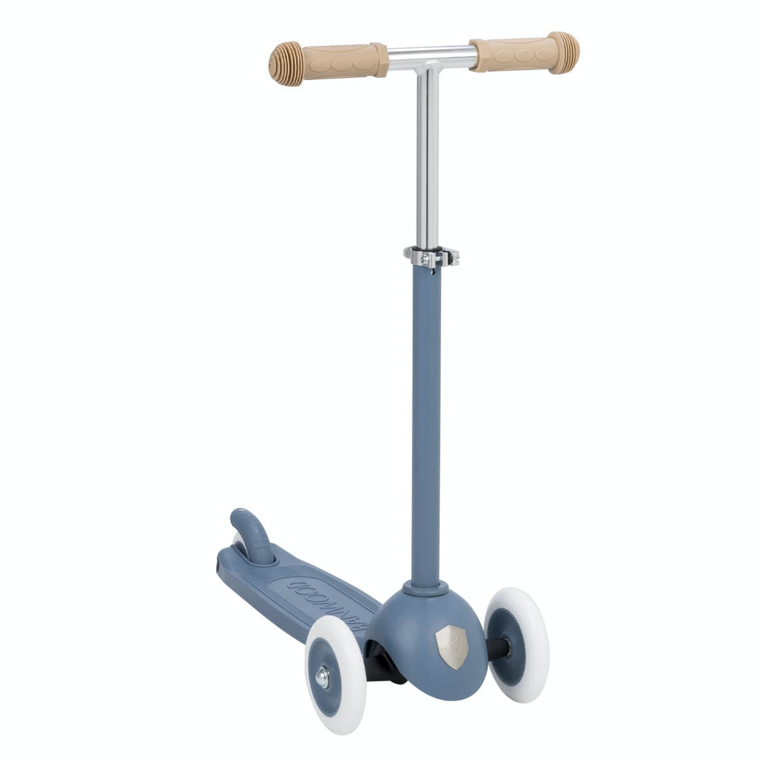 Children's scooter with a blue frame and  handlebar on a white background