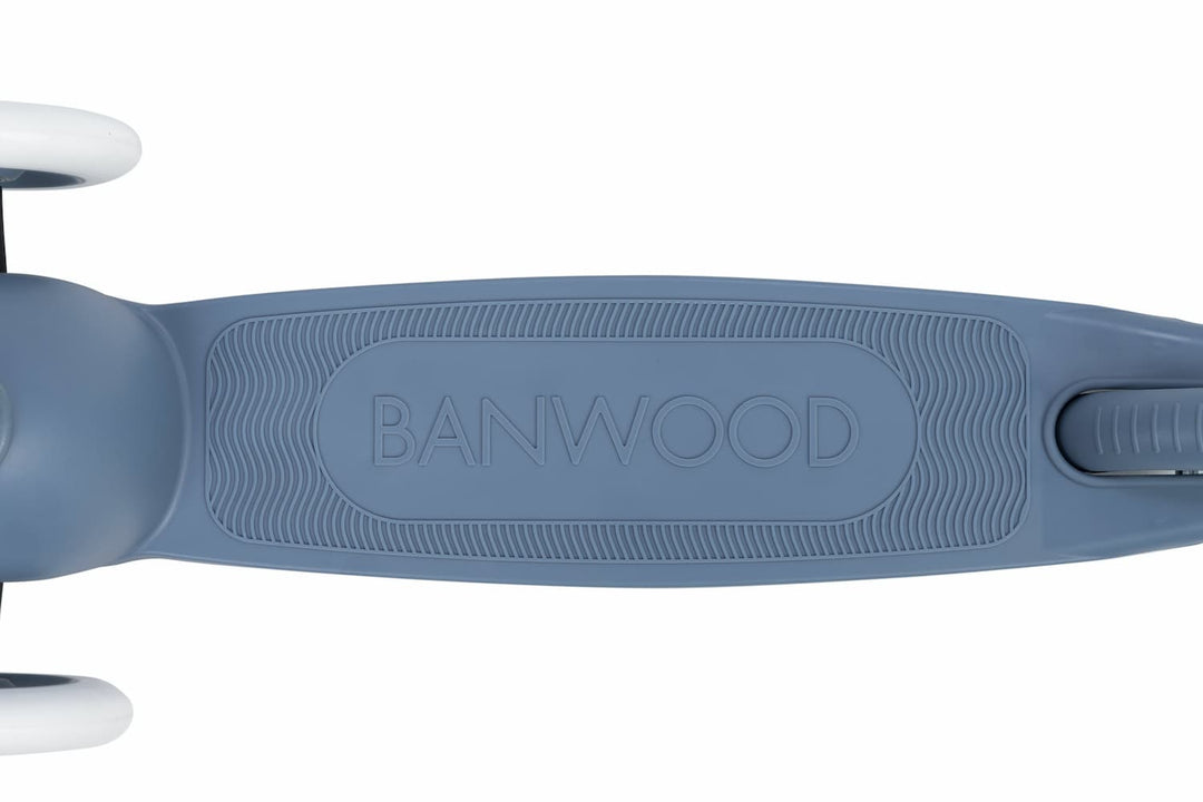 Close-up of a blue children's scooter deck  with 'BANWOOD' branding on a white background.