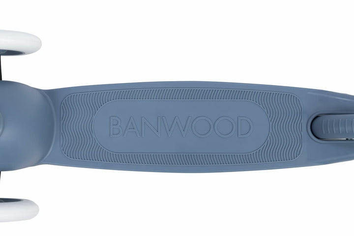 Close-up of a blue children's scooter deck  with 'BANWOOD' branding on a white background.