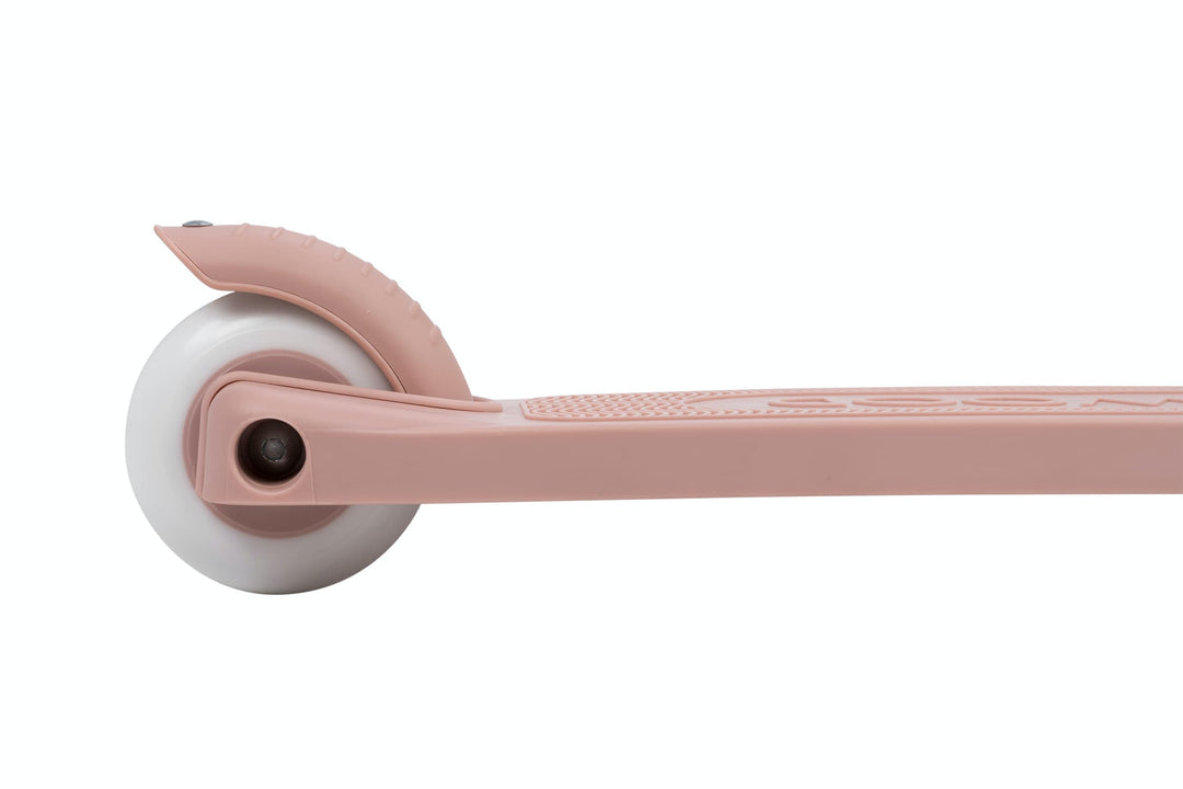 Close-up of a dusty rose scooter with a white wheel on a white background