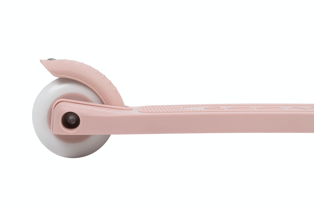 Close-up of a pink scooter with a white wheel on a white background