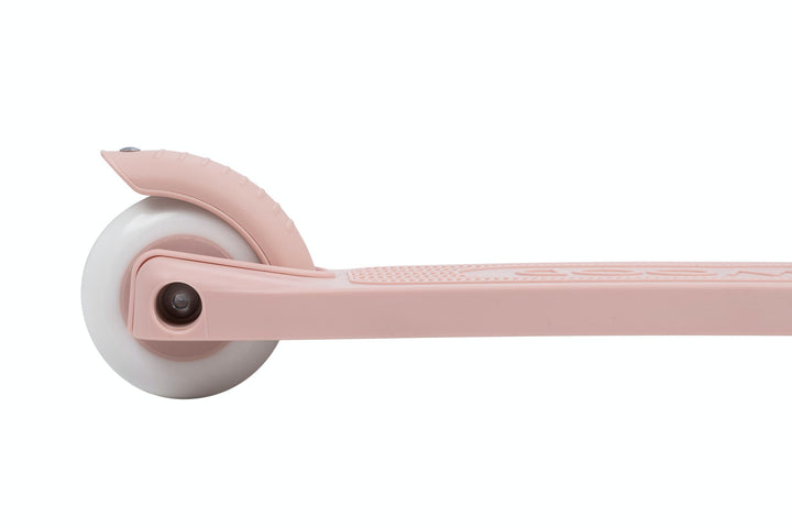 Close-up of a pink scooter with a white wheel on a white background