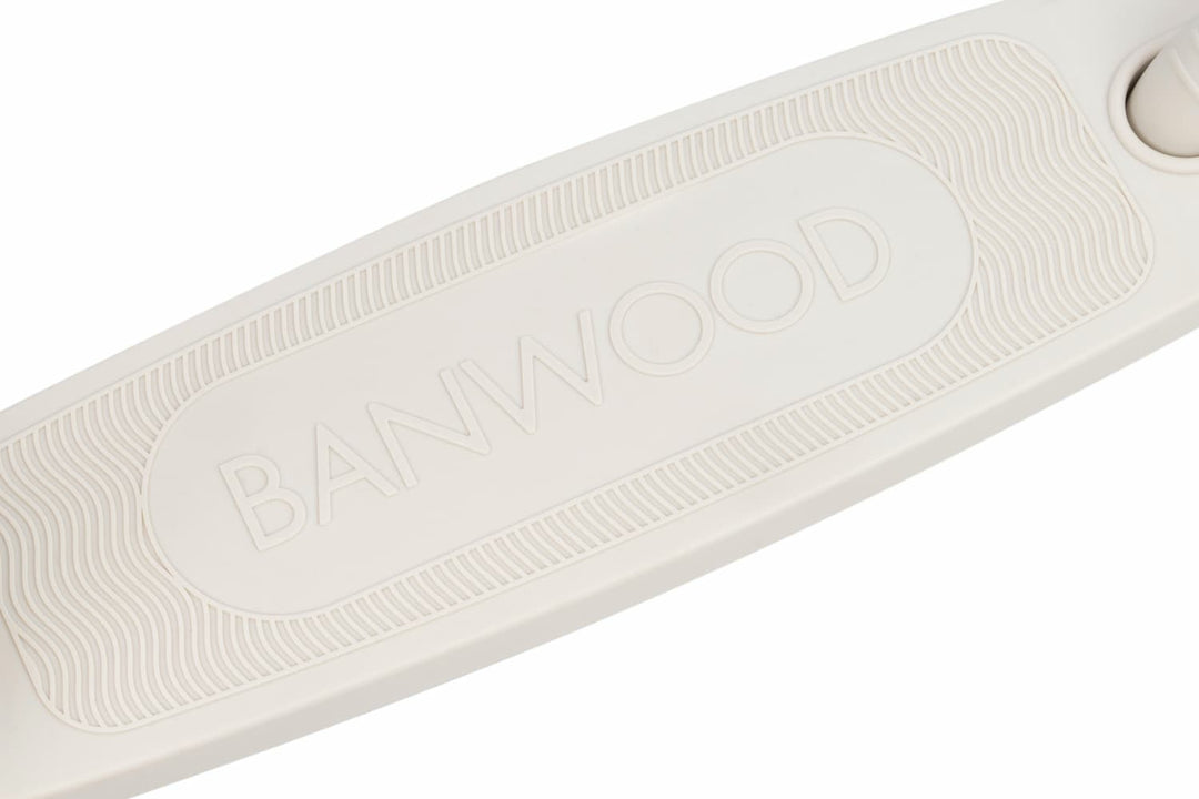 Close-up of a scooter deck with 'Banwood' branding on a white background