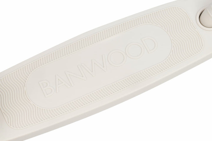 Close-up of a scooter deck with 'Banwood' branding on a white background