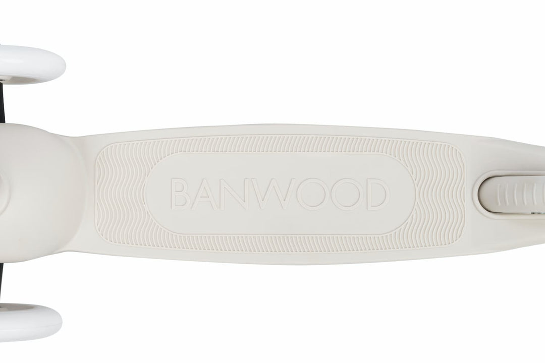 Close-up of a scooter deck with 'Banwood' branding on a white background