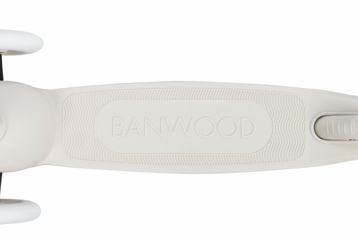 Close-up of a scooter deck with 'Banwood' branding on a white background