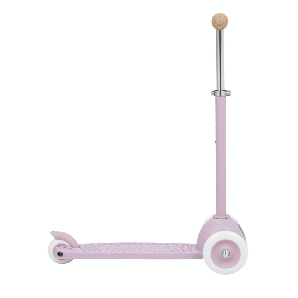 Lavender scooter with a beige rubber grips handlebar on a white background
