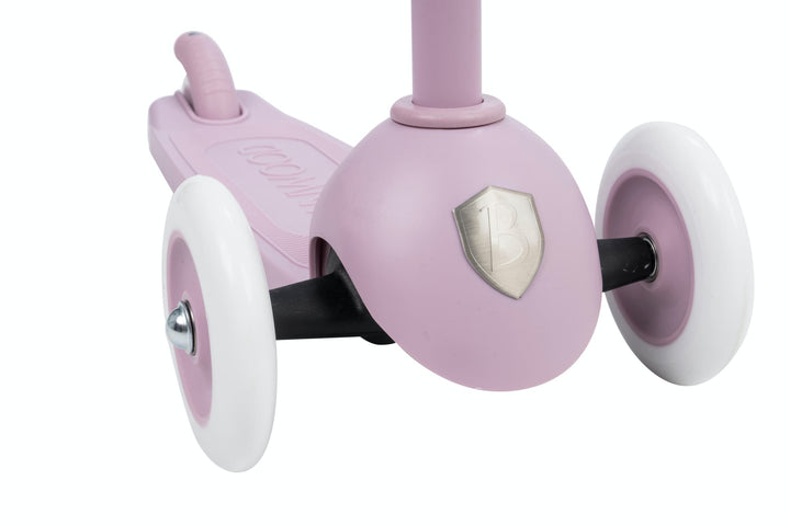 Close-up of a lavender children's scooter with white wheels on a white background