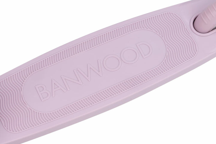 Close-up of a lavender scooter deck with 'Banwood' branding on a white background