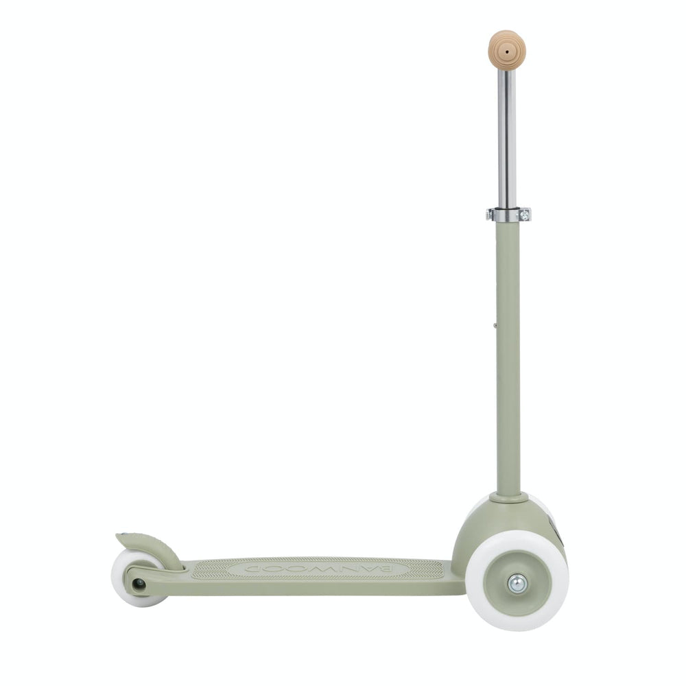 Side view of a Banwood olive scooter on a white background