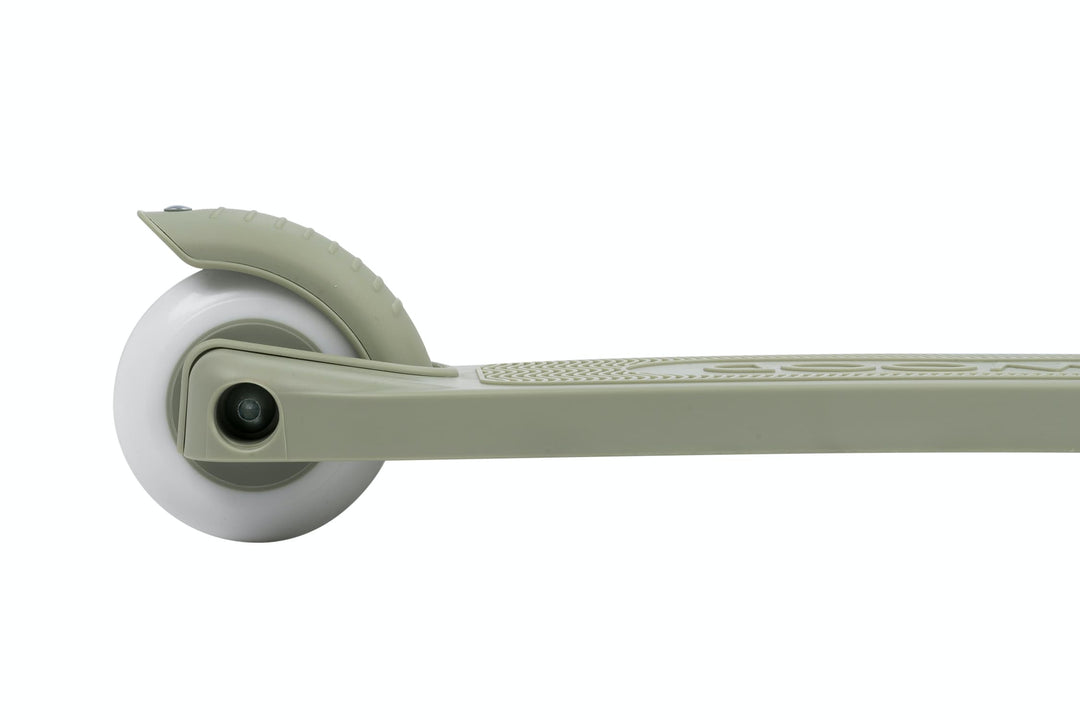 Close-up of a scooter's deck and back wheel on a white background