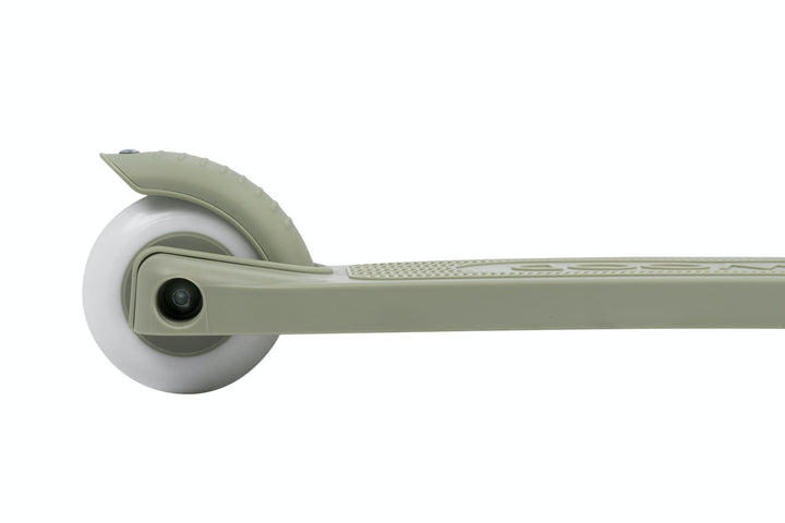 Close-up of a scooter's deck and back wheel on a white background