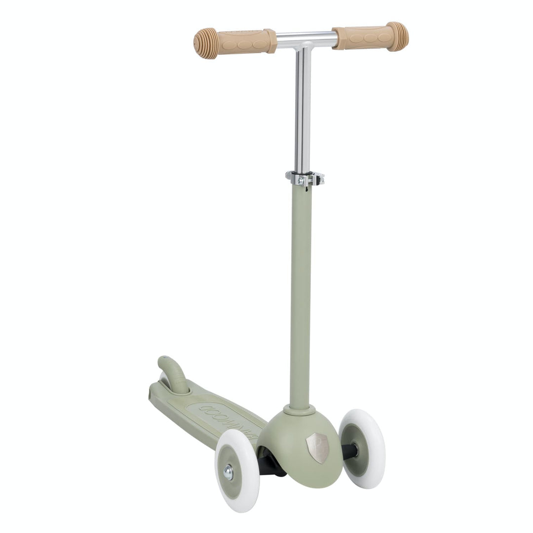 Children's scooter with rubber handlebar and white wheels on a white background
