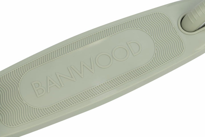 Close-up of a scooter deck with 'Banwood' branding on a white background