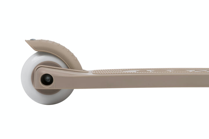 Close-up of a scooter wheel and frame on a white background