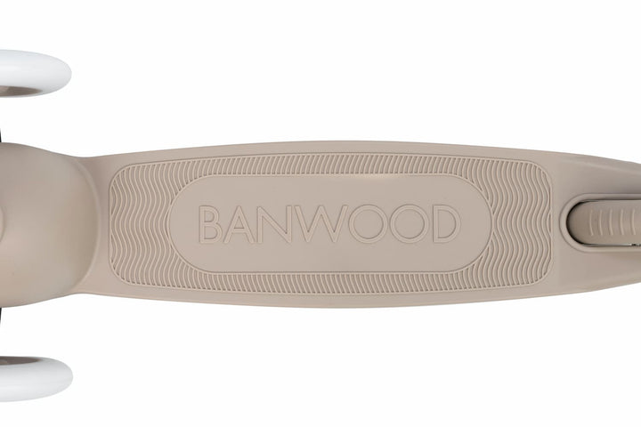 Close-up of a scooter deck with 'Banwood' branding on a white background