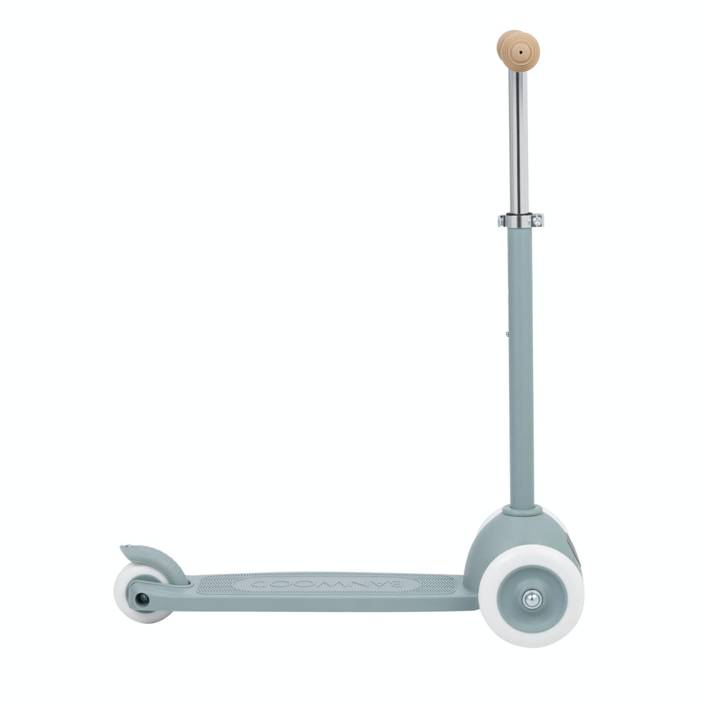 Children's scooter with a teal frame and white wheels on a white background