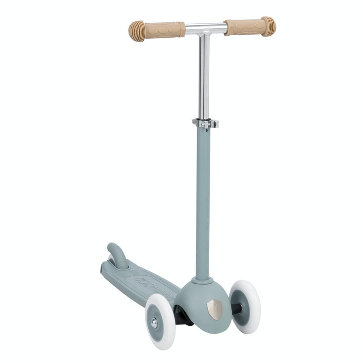Children's scooter with a teal body, white wheels, and handlebar with rubber beige grips on a white background