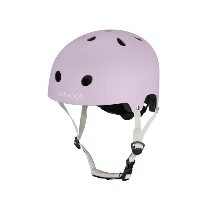 Lavender colour helmet with white straps on a white background