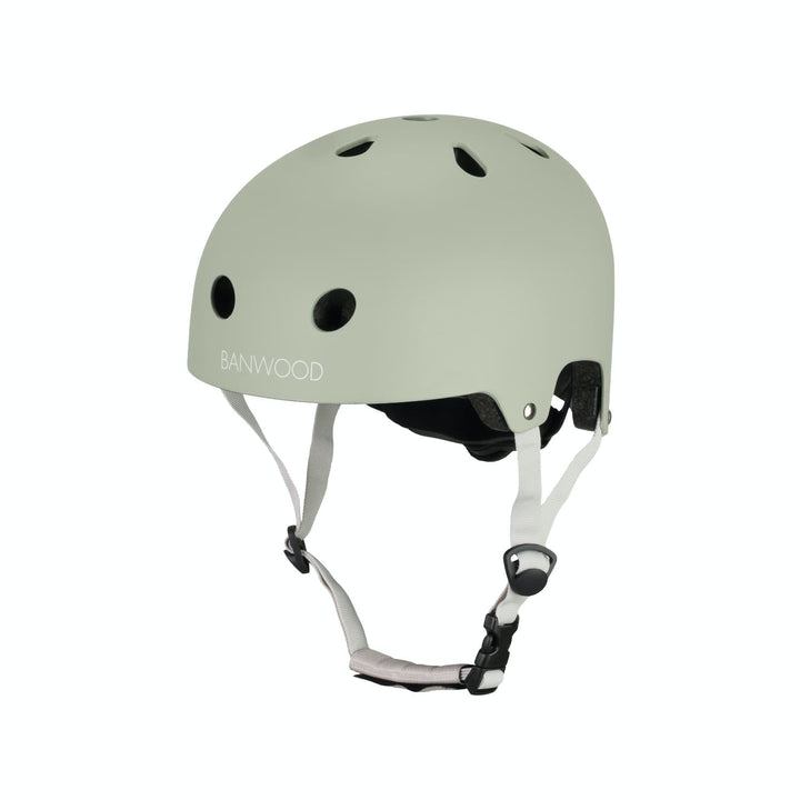 Olive colour Banwood helmet with white straps on a white background