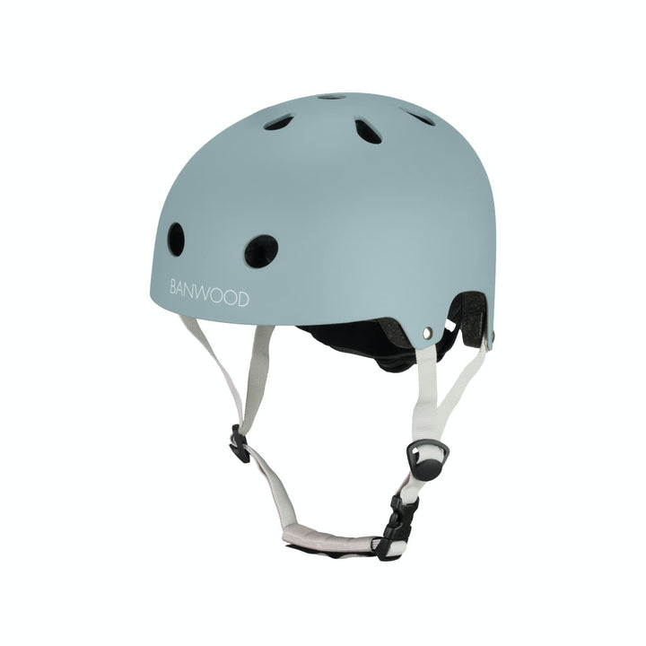 Teal Banwood helmet with white straps on a white background