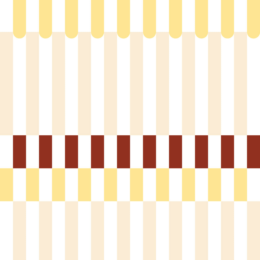 Pattern of vertical yellow, beige, and red stripes on a white background