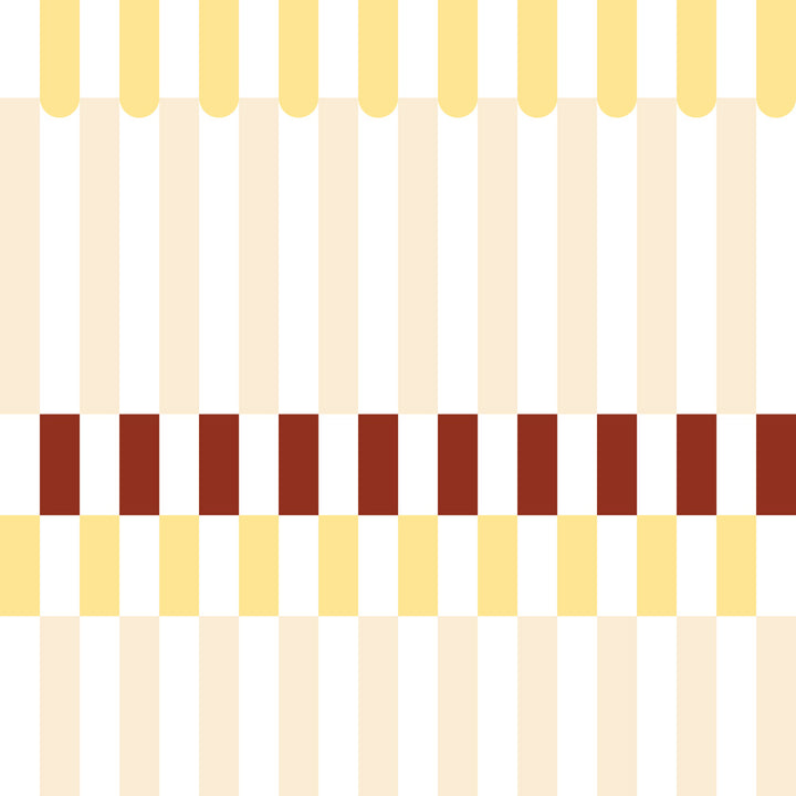 Pattern of vertical yellow, beige, and red stripes on a white background