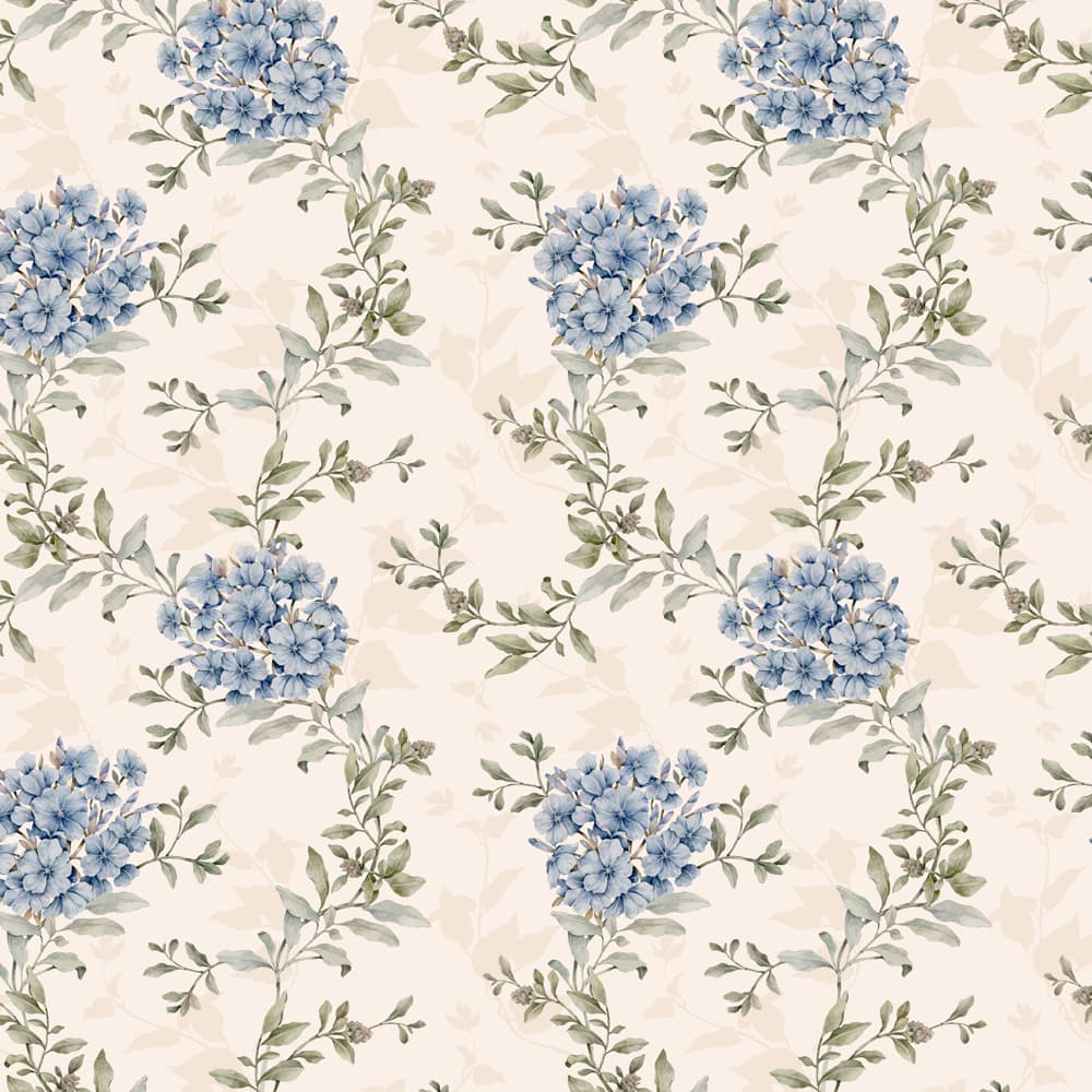 Wallpaper pattern of blue flowers and green leaves on a beige background