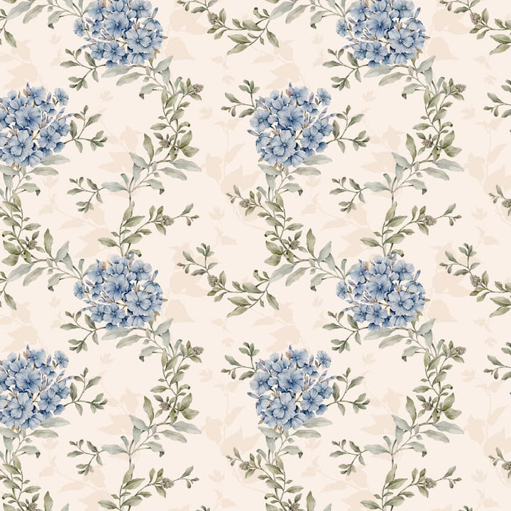 Wallpaper pattern of blue flowers and green leaves on a beige background