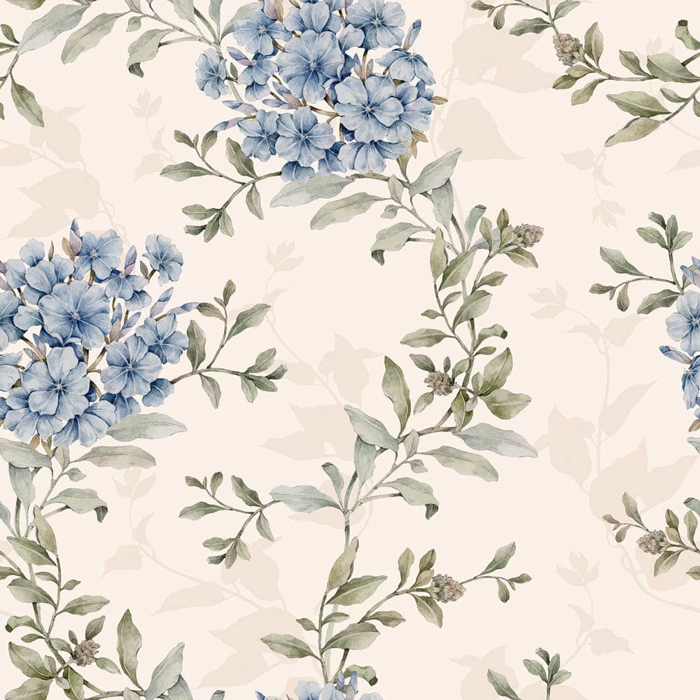 Wallpaper pattern of blue flowers and green leaves on a beige background