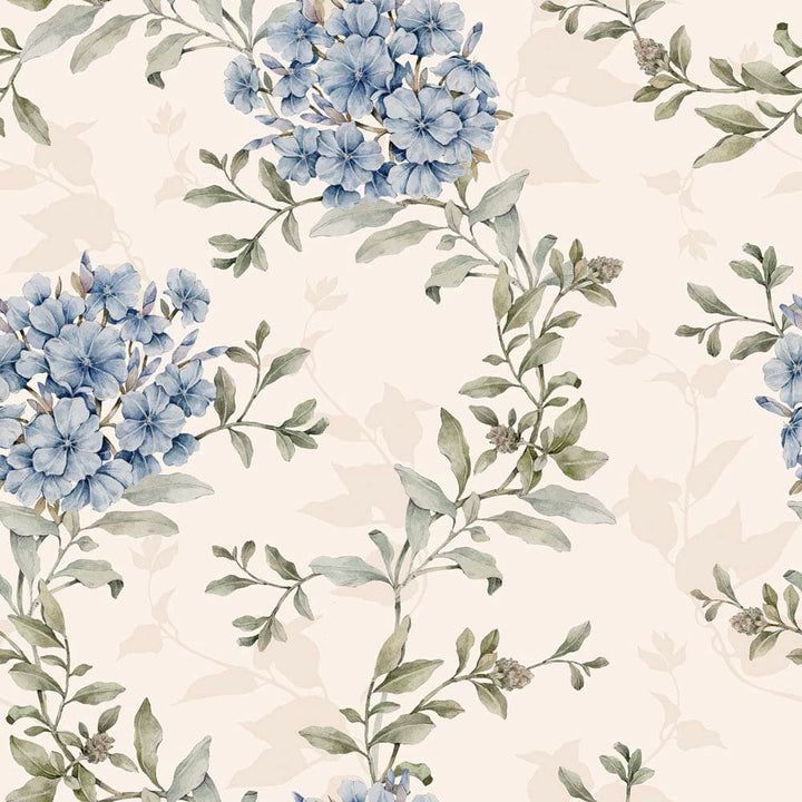 Wallpaper pattern of blue flowers and green leaves on a beige background