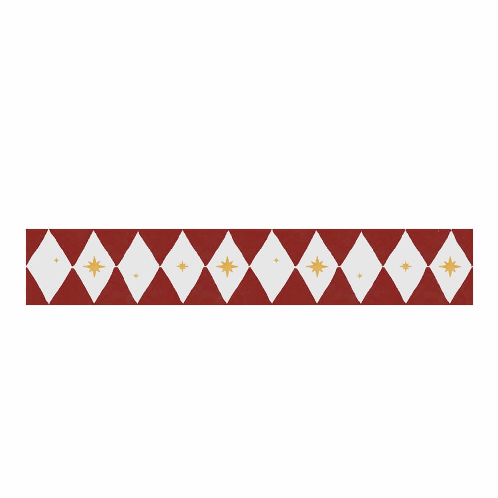 A red and white harlequin diamond style wallpaper border with small gold stars