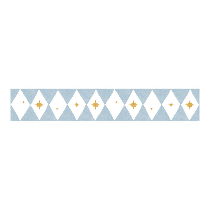 Decorative border with white diamonds and gold stars on a light blue background